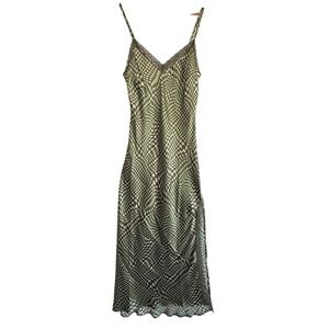 Daisy Street Wavy Print Satin Midi Houndstooth Lace Trim Slip Dress Green SMALL